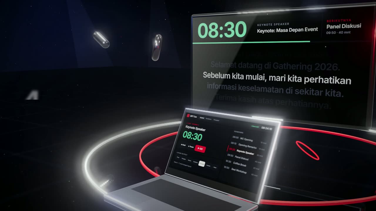 Cuplikan video promo QRT Cue: laptop operator dan TV panggung